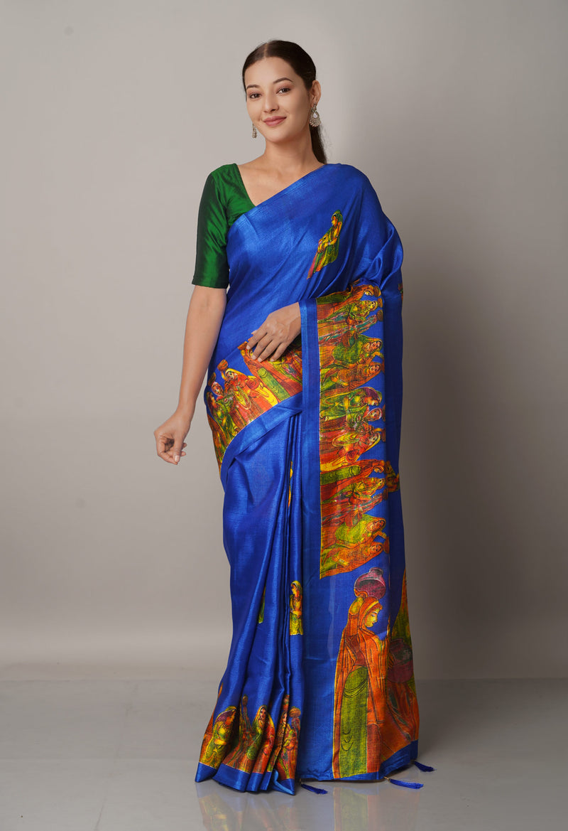 Blue  Fancy Block Printed Art Silk Saree-UNM66700