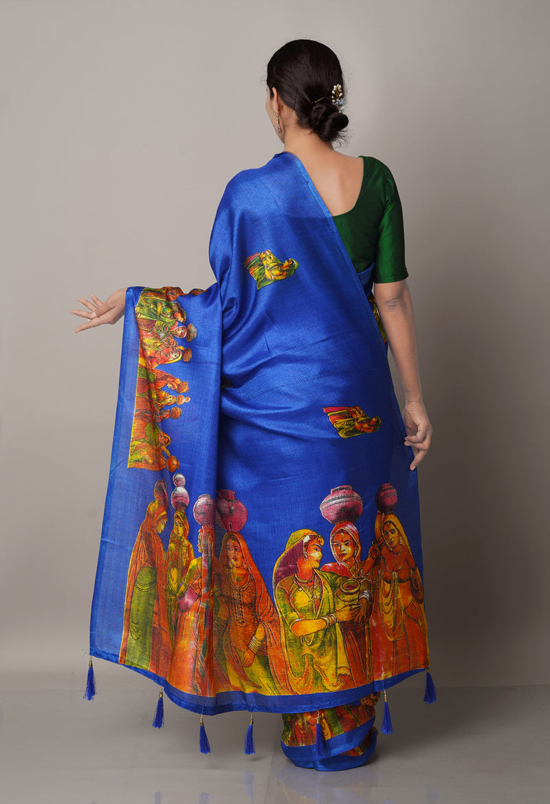 Blue  Fancy Block Printed Art Silk Saree-UNM66700