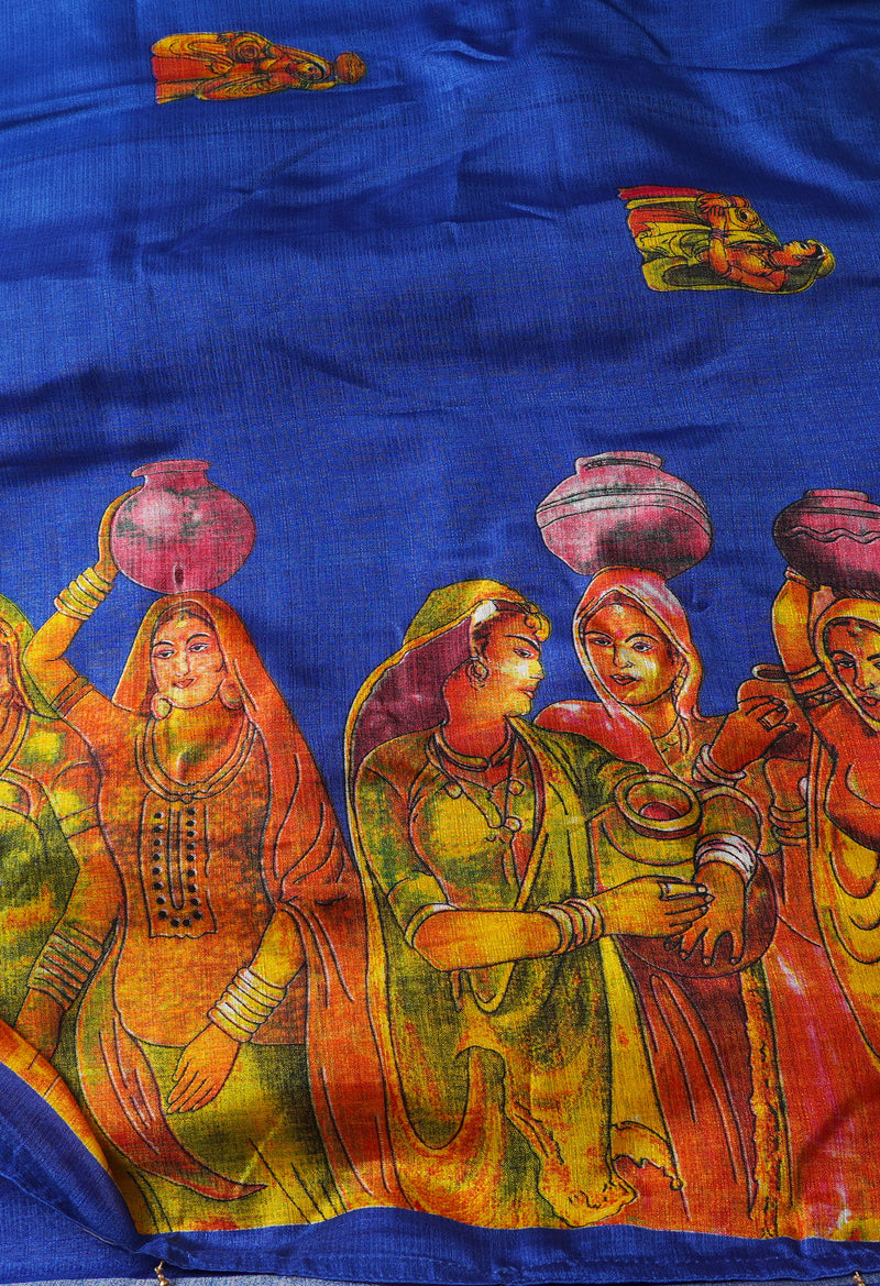 Blue  Fancy Block Printed Art Silk Saree-UNM66700