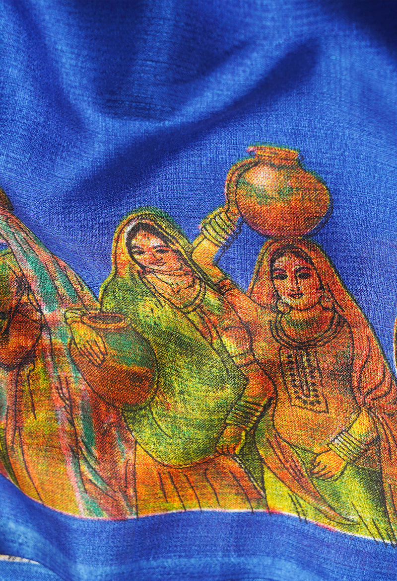 Blue  Fancy Block Printed Art Silk Saree-UNM66700