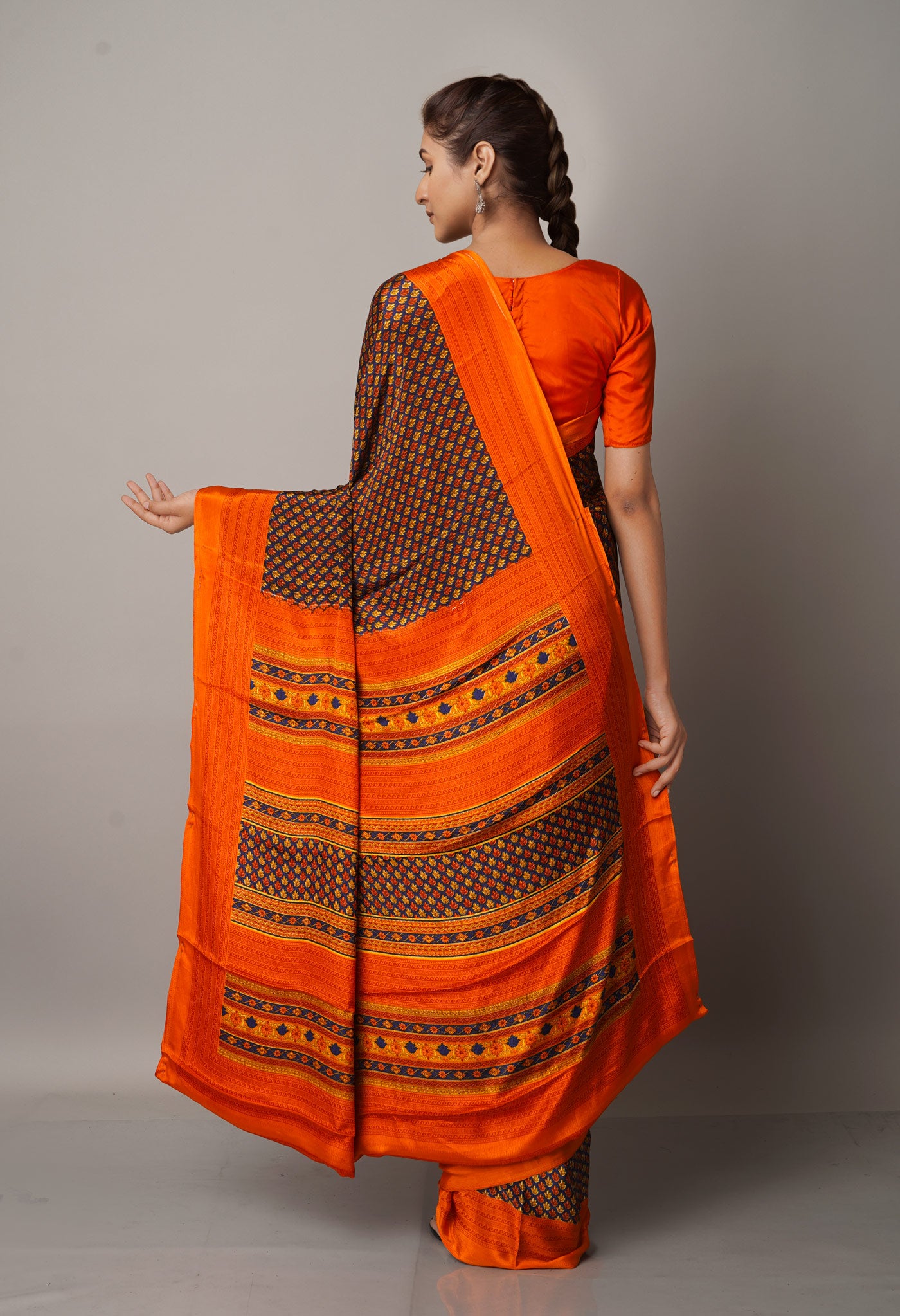 Brown-Orange  Block Printed Crepe Soft Silk Saree-UNM66713
