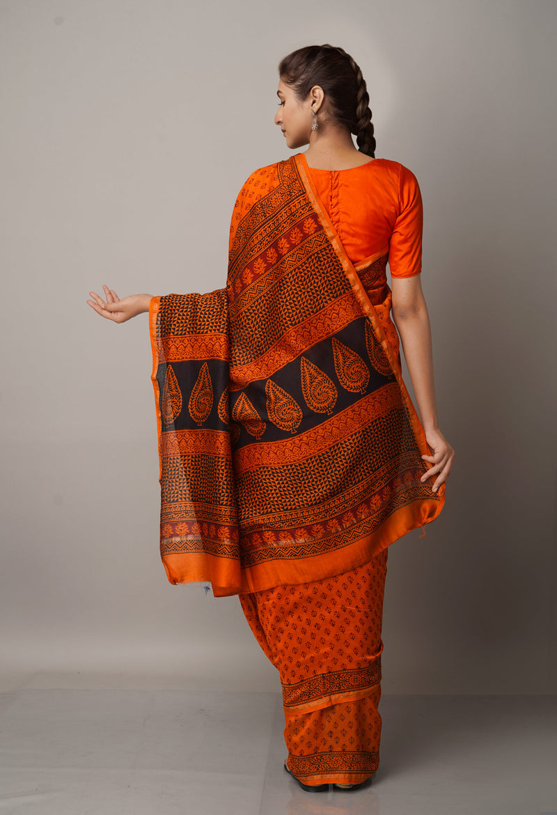 Orange Pure Chanderi Bagh Printed Cotton Saree-UNM66734
