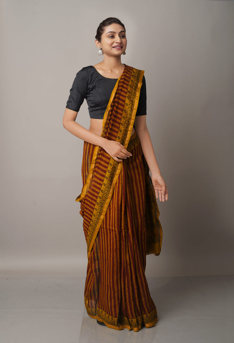 Maroon Pure Chanderi Bagh Printed Cotton Saree-UNM66744