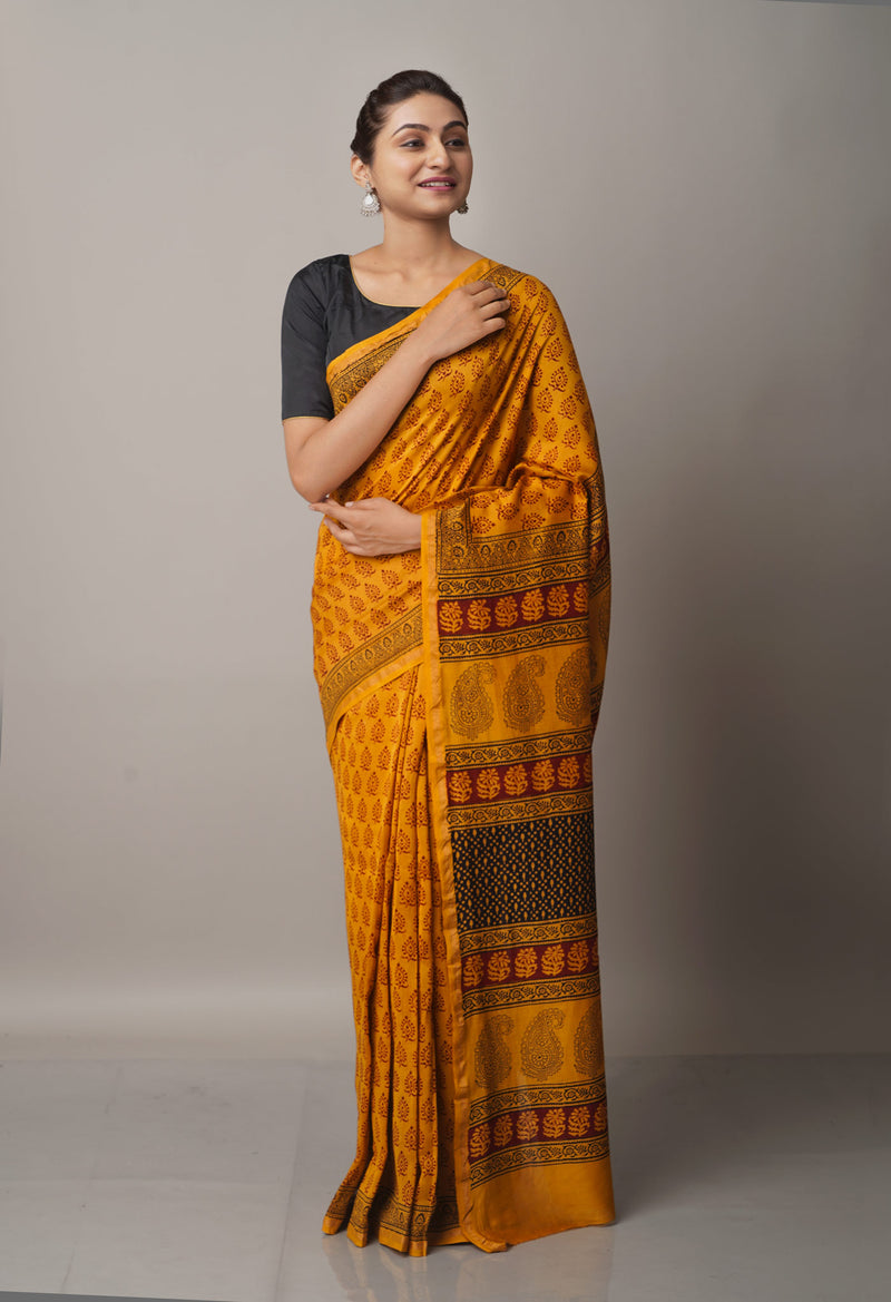 Rust Orange Pure Chanderi Bagh Printed Cotton Saree-UNM66745