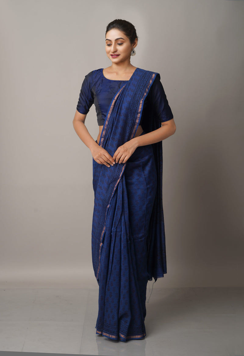 Blue Pure Chanderi Bagh Printed Cotton Saree-UNM66747