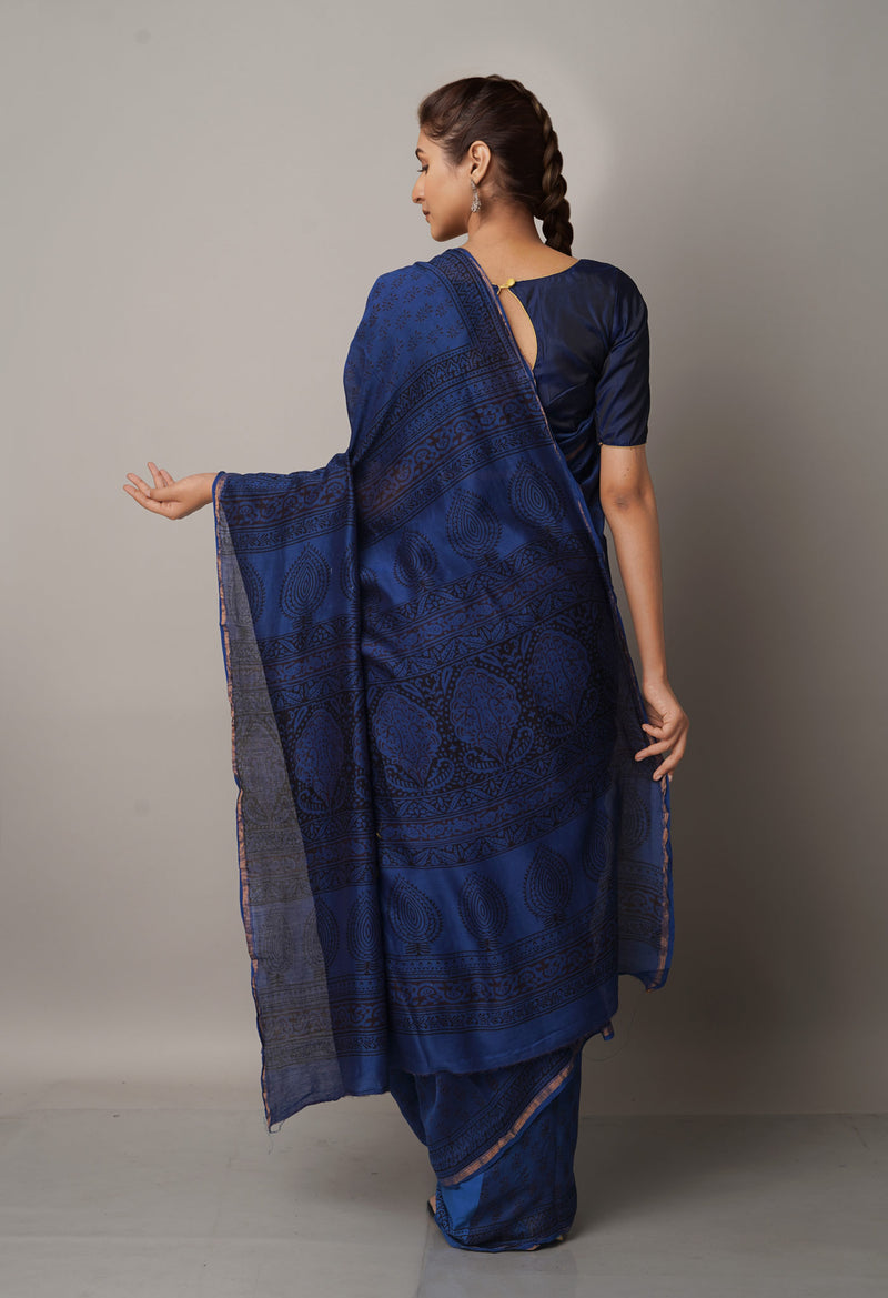 Blue Pure Chanderi Bagh Printed Cotton Saree-UNM66747