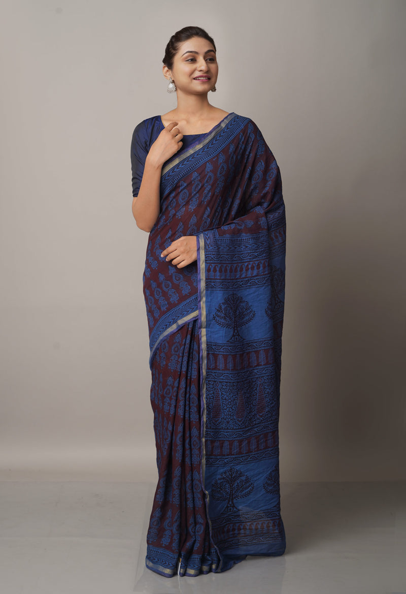 Maroon-Blue  Art Chanderi Bagh Printed Cotton Saree-UNM66783