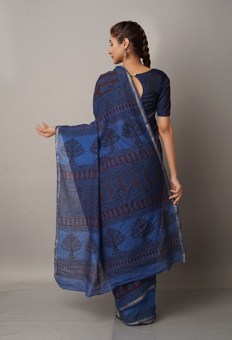 Maroon-Blue  Art Chanderi Bagh Printed Cotton Saree-UNM66783