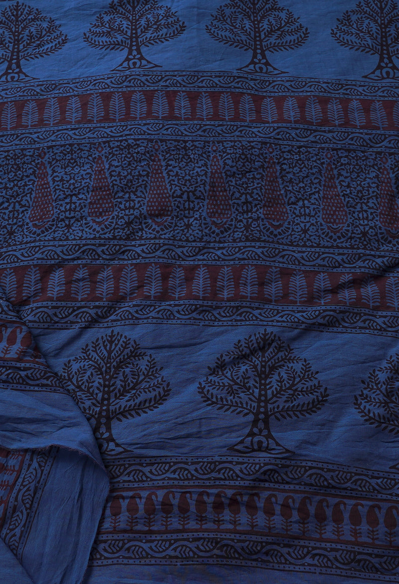 Maroon-Blue  Art Chanderi Bagh Printed Cotton Saree-UNM66783