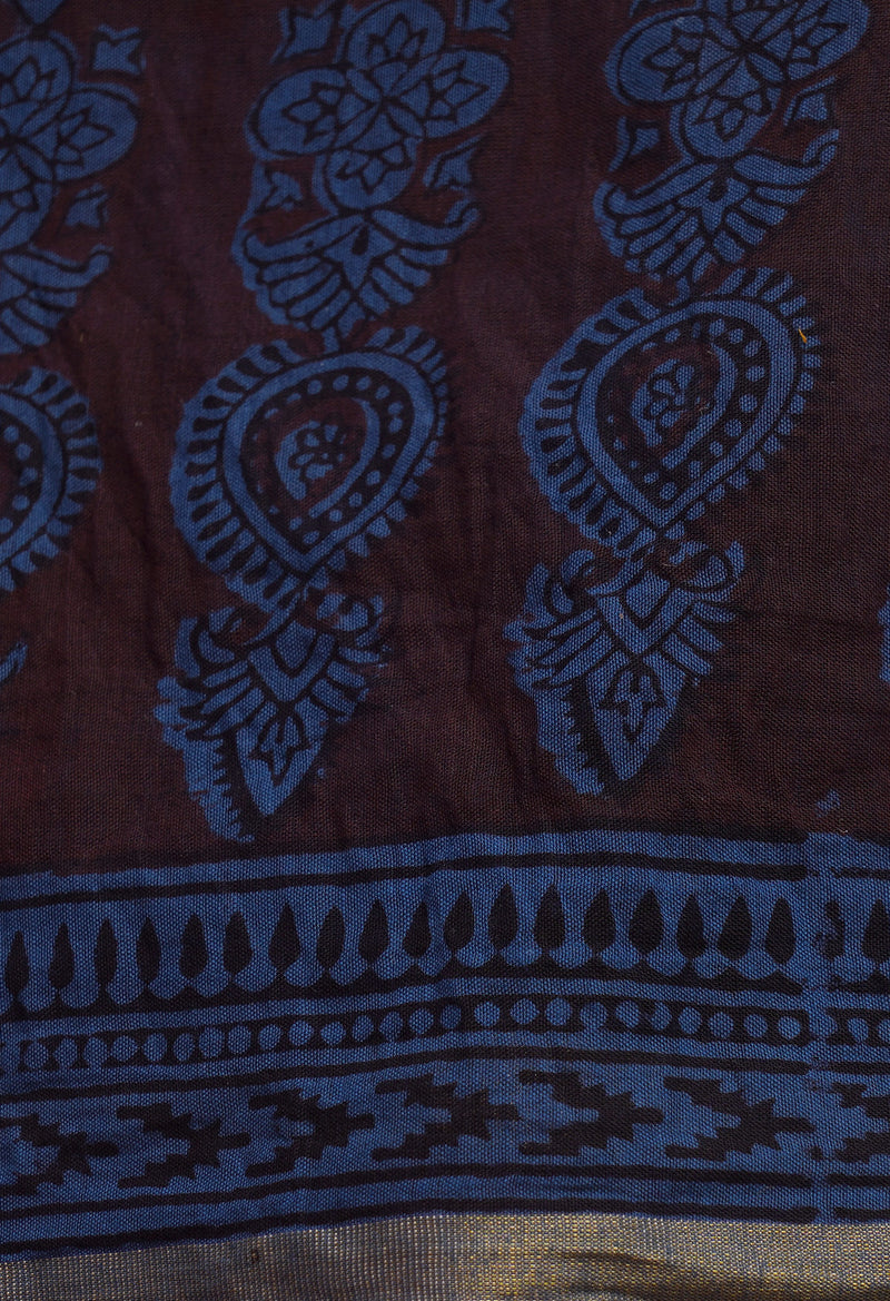 Maroon-Blue  Art Chanderi Bagh Printed Cotton Saree-UNM66783