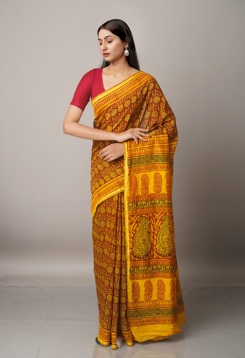 Maroon-Green  Art Chanderi Bagh Printed Cotton Saree-UNM66786