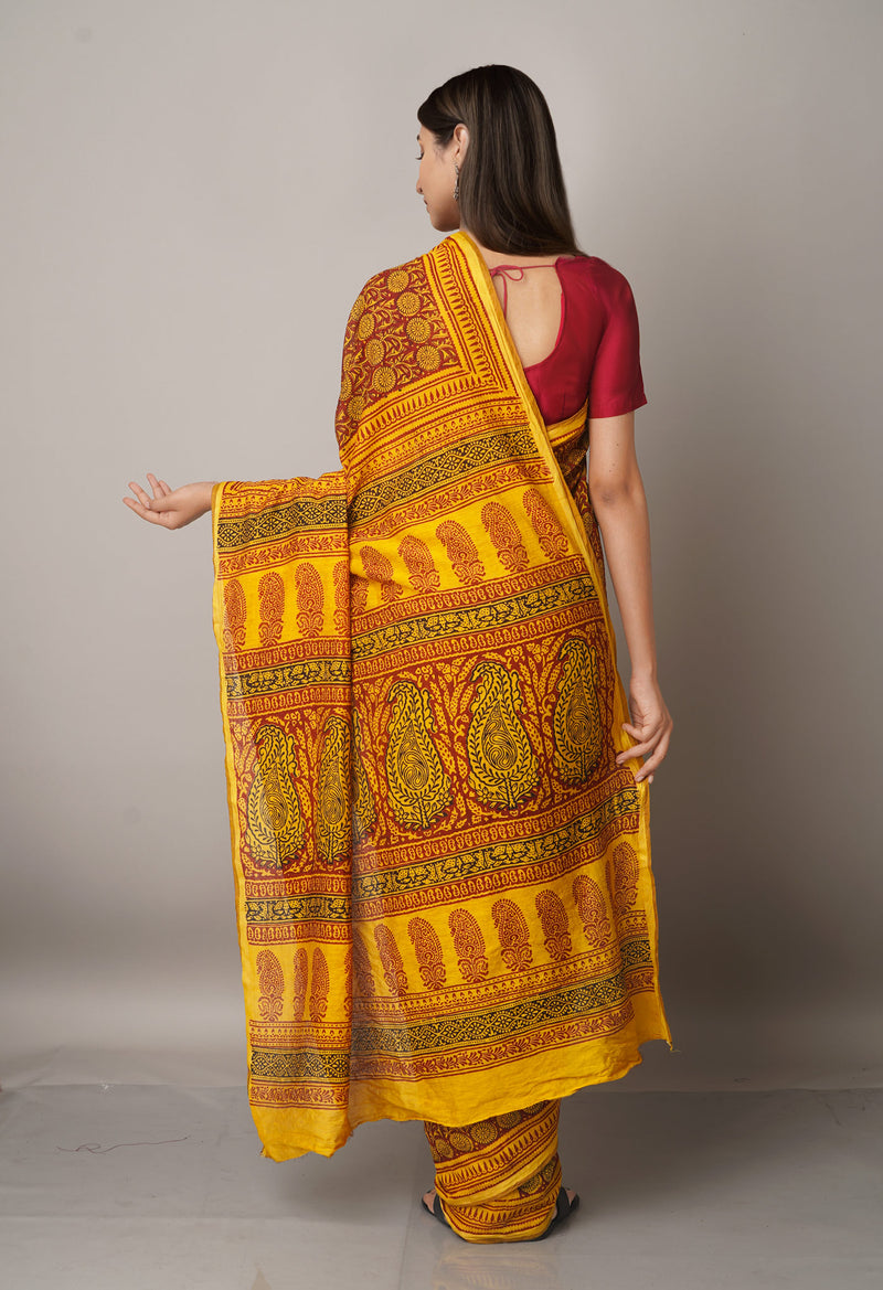 Maroon-Green  Art Chanderi Bagh Printed Cotton Saree-UNM66786