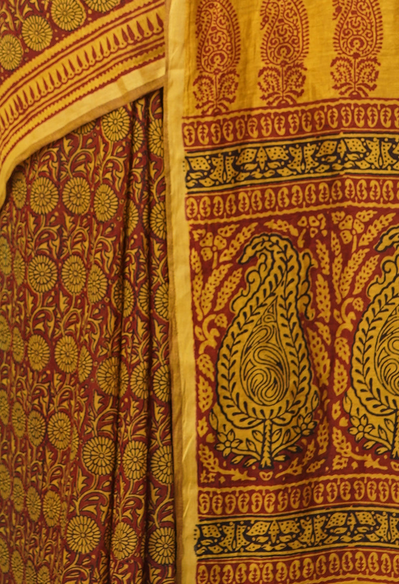 Maroon-Green  Art Chanderi Bagh Printed Cotton Saree-UNM66786
