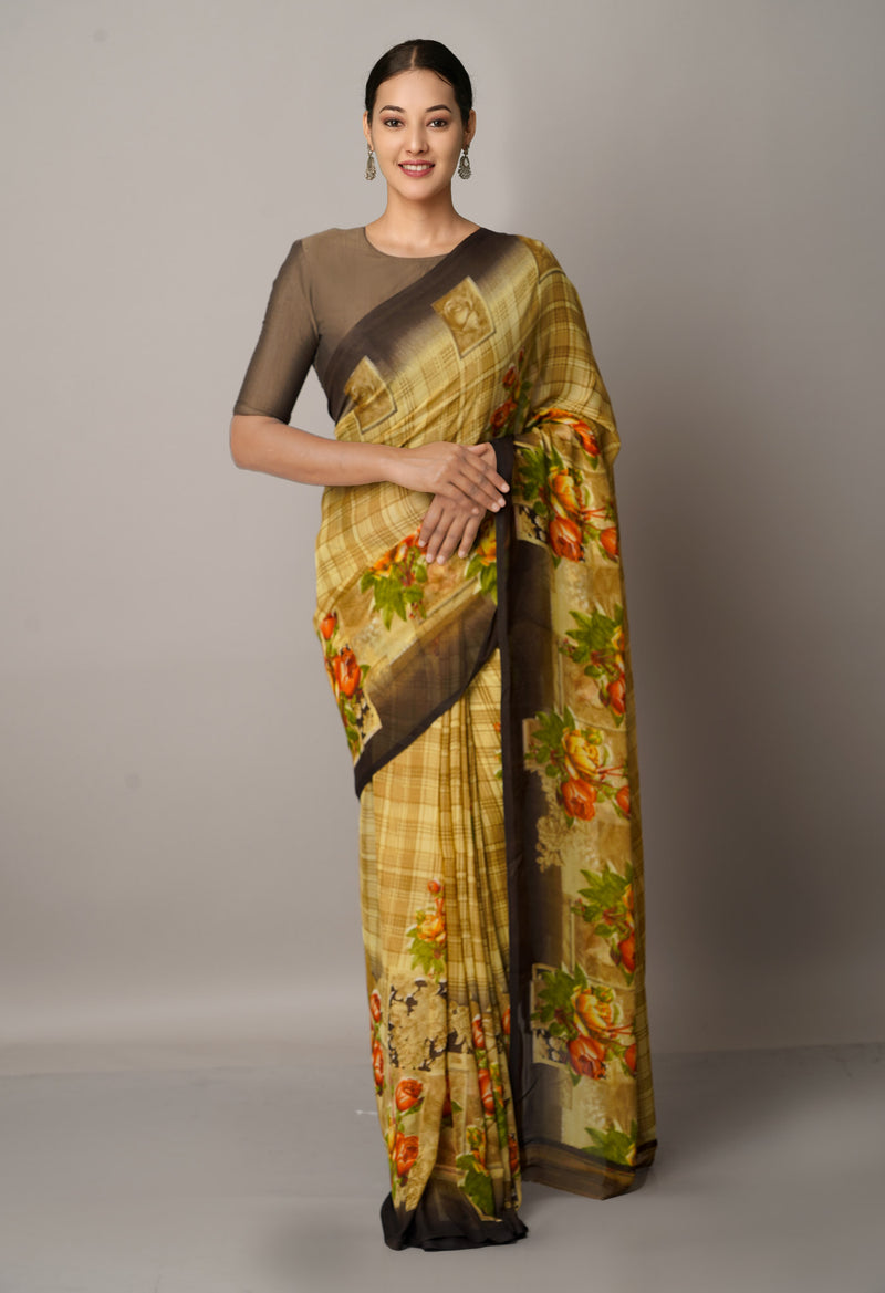 Brown  Fancy Block Printed Georgette Saree-UNM66841