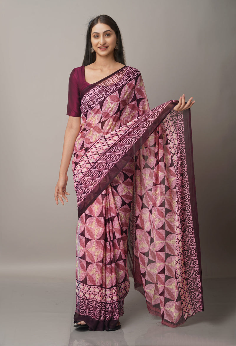Burgundy  Fancy Block Printed Georgette Saree-UNM66855