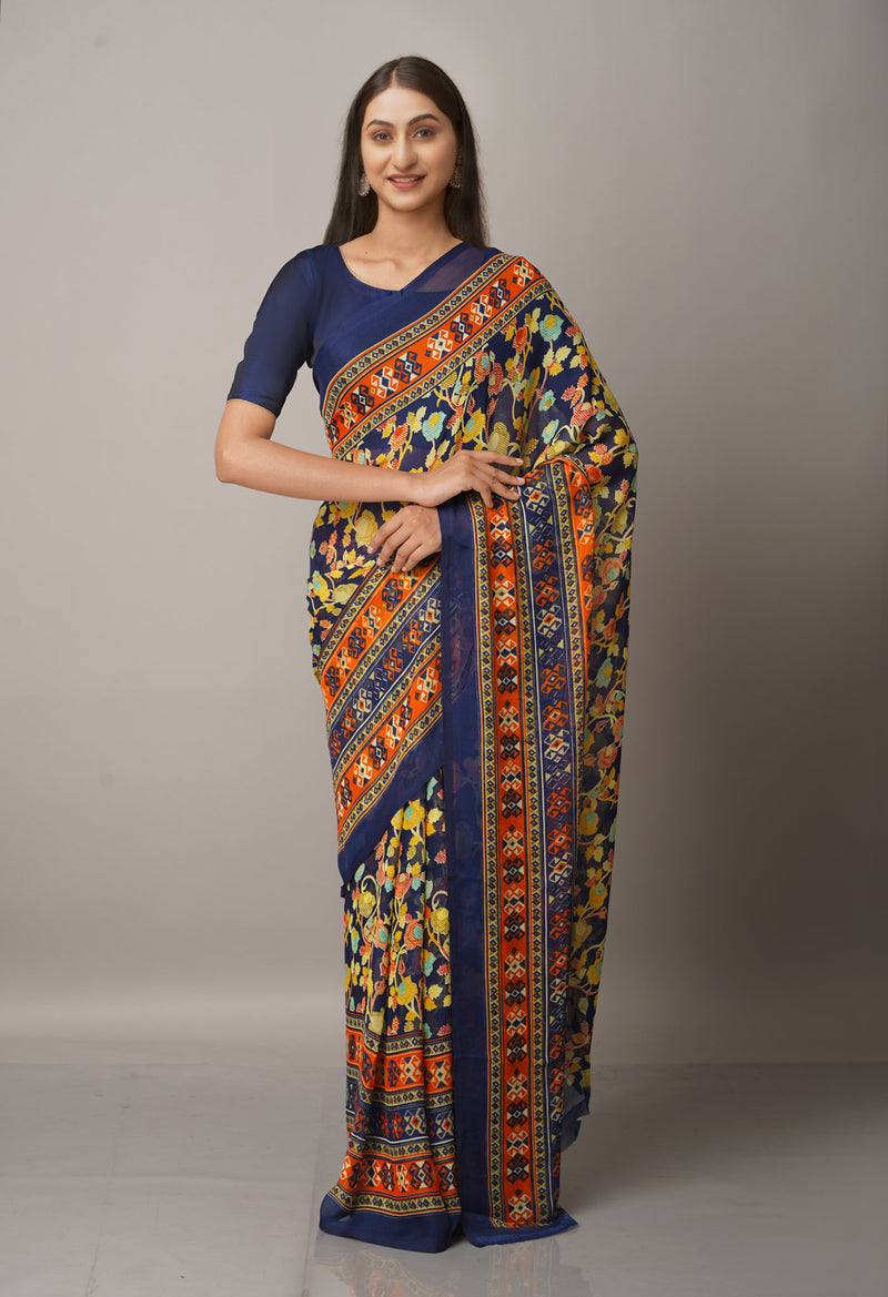 Blue  Fancy Block Printed Georgette Saree-UNM66864