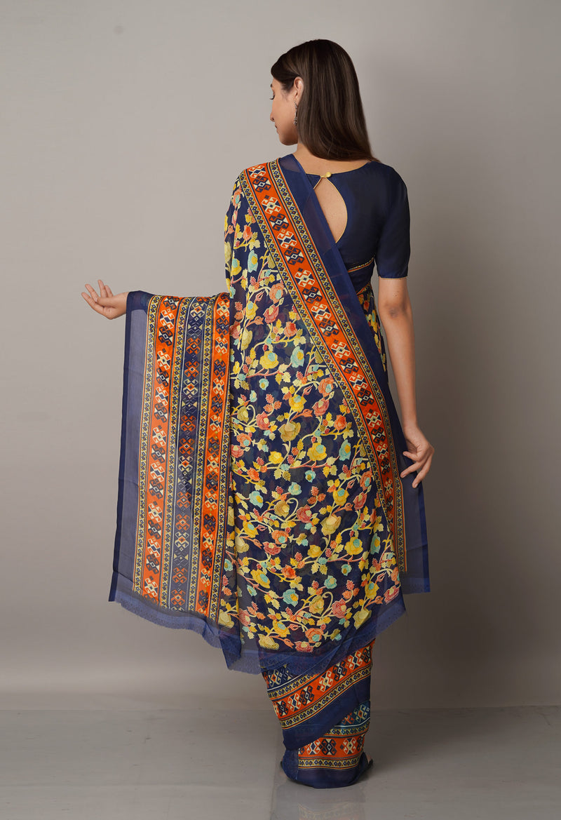 Blue  Fancy Block Printed Georgette Saree-UNM66864