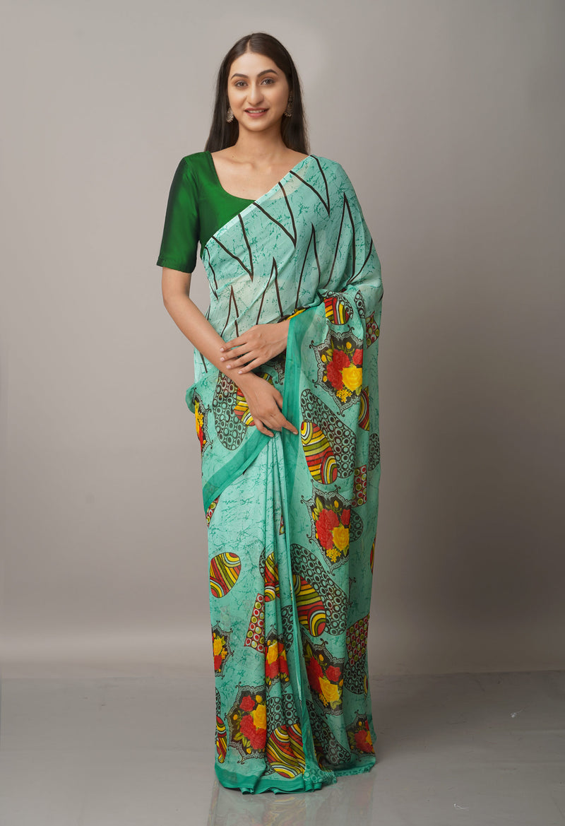 Sky Blue  Fancy Block Printed Georgette Saree-UNM66867