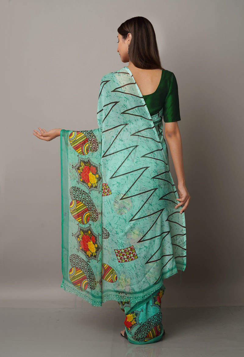 Sky Blue  Fancy Block Printed Georgette Saree-UNM66867