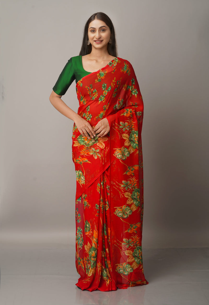 Red  Fancy Block Printed Georgette Saree-UNM66870