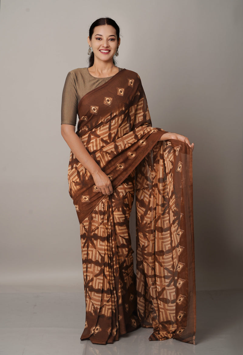 Brown  Fancy Block Printed Georgette Saree-UNM66882