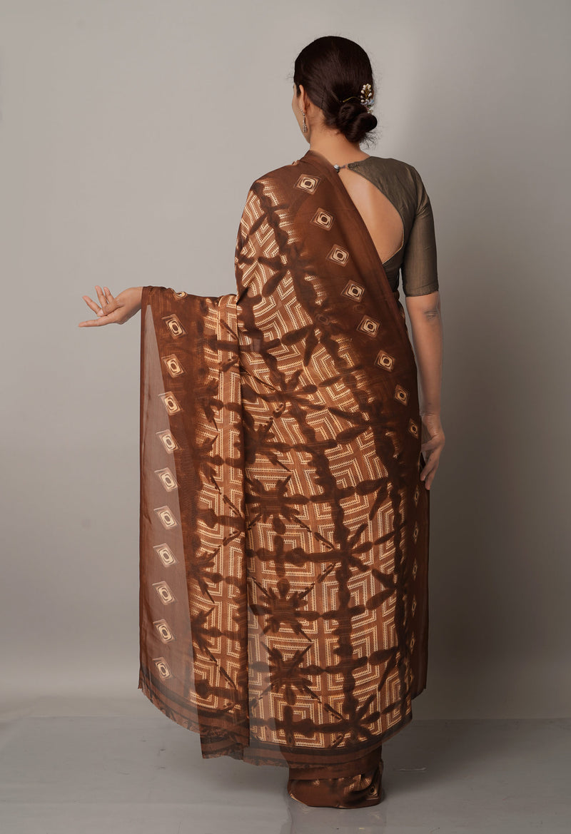 Brown  Fancy Block Printed Georgette Saree-UNM66882