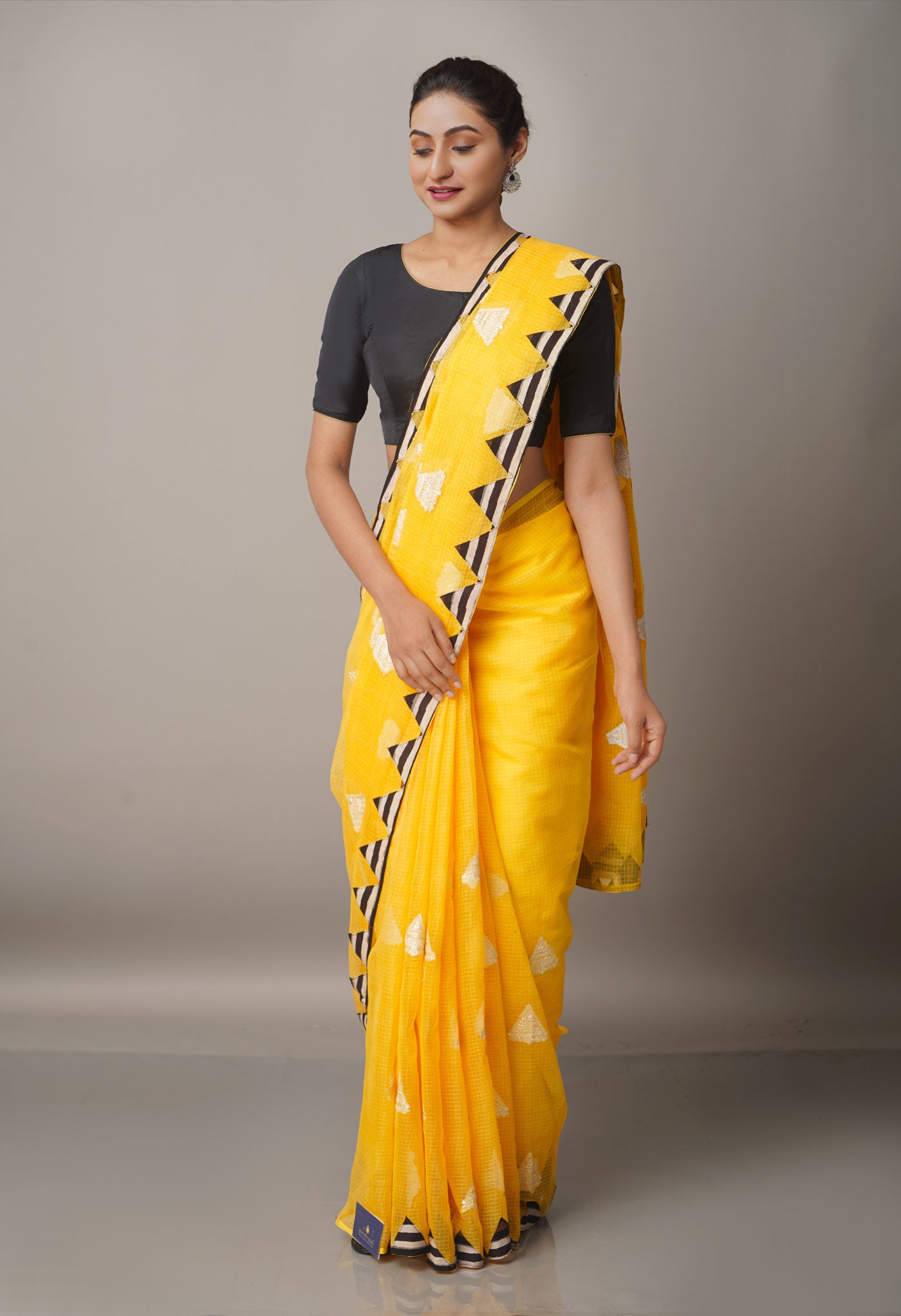 Yellow  Cross Stitched Embroidered Supernet Saree-UNM67081