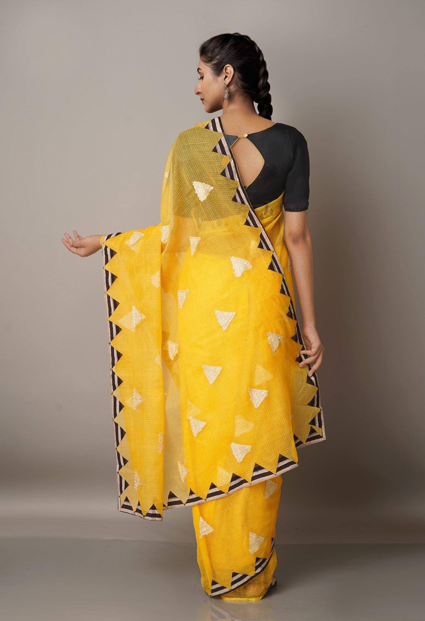 Yellow  Cross Stitched Embroidered Supernet Saree-UNM67081