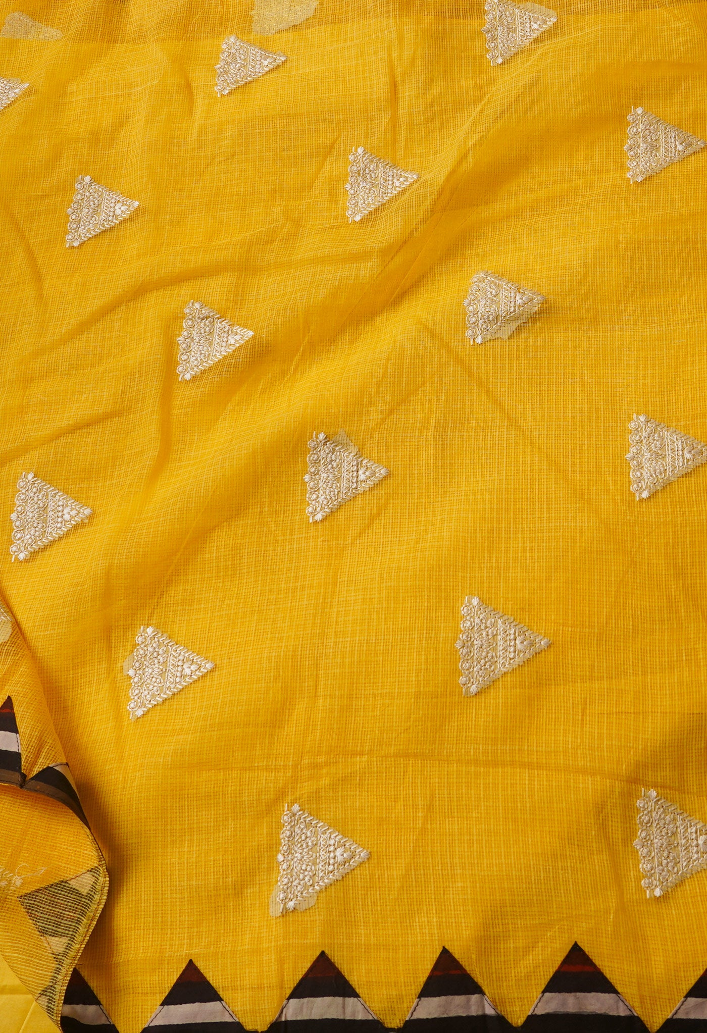 Yellow  Cross Stitched Embroidered Supernet Saree-UNM67082