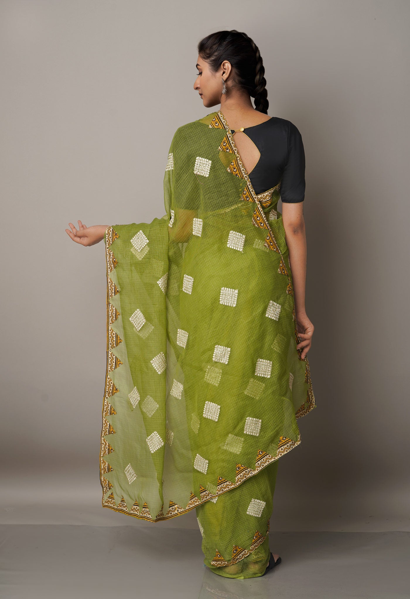 Green  Cross Stitched Embroidered Supernet Saree-UNM67088