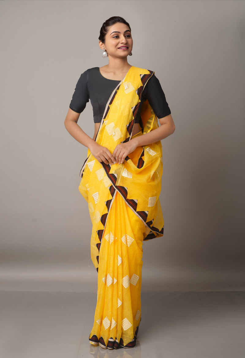 Yellow  Cross Stitched Embroidered Supernet Saree-UNM67089