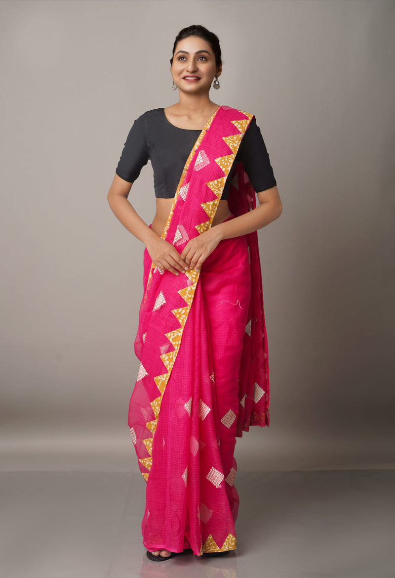 Pink  Cross Stitched Embroidered Supernet Saree-UNM67094