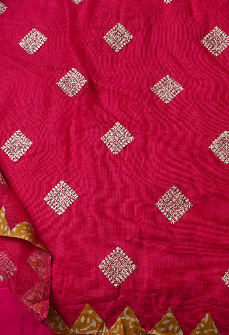 Pink  Cross Stitched Embroidered Supernet Saree-UNM67094
