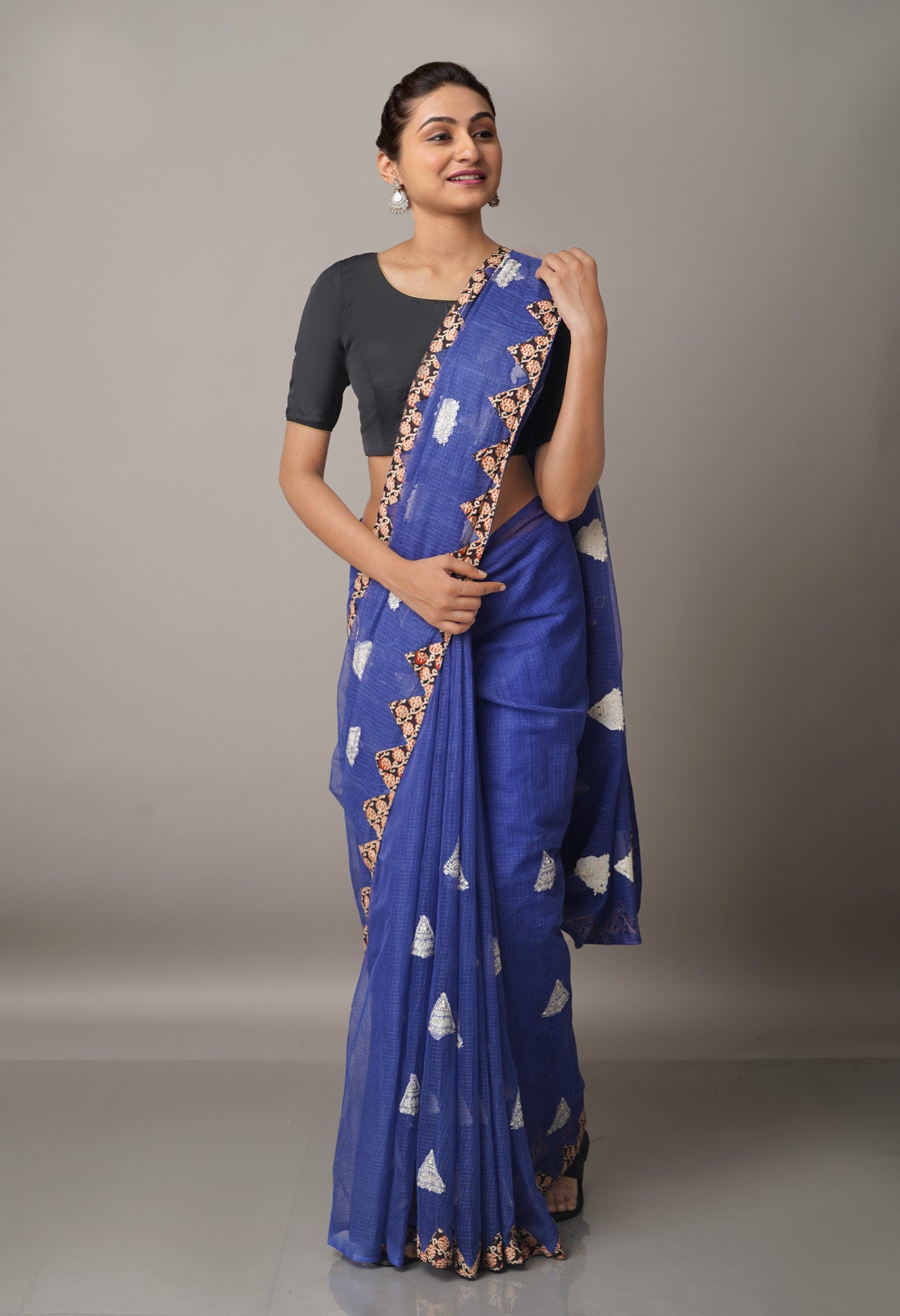 Blue  Cross Stitched Embroidered Supernet Saree-UNM67095