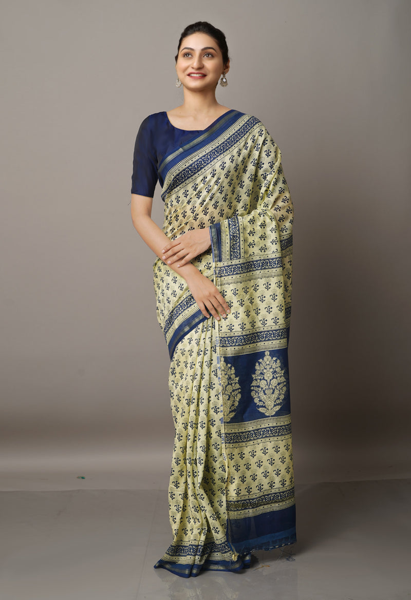 Beige Pure Ajrakh Chanderi Sico Saree-UNM67119