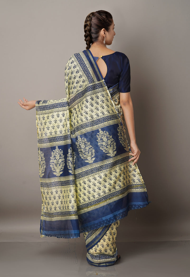 Beige Pure Ajrakh Chanderi Sico Saree-UNM67119