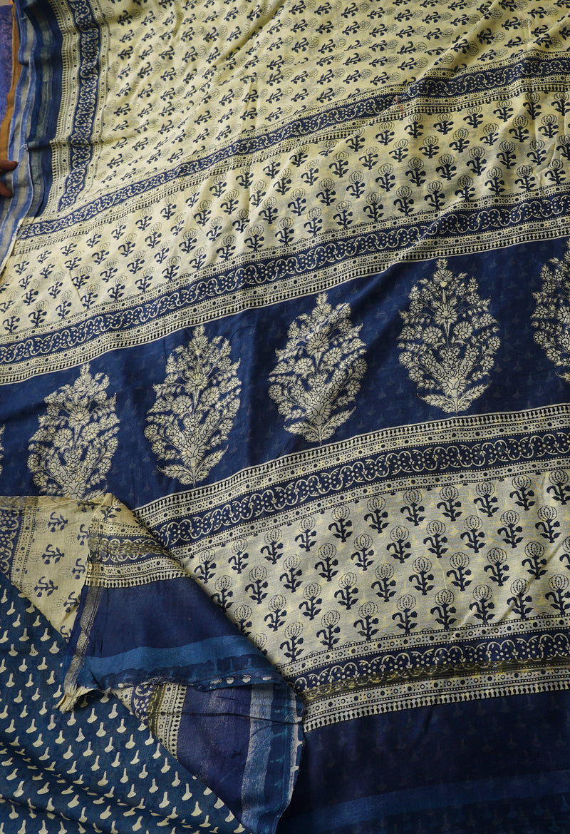 Beige Pure Ajrakh Chanderi Sico Saree-UNM67119