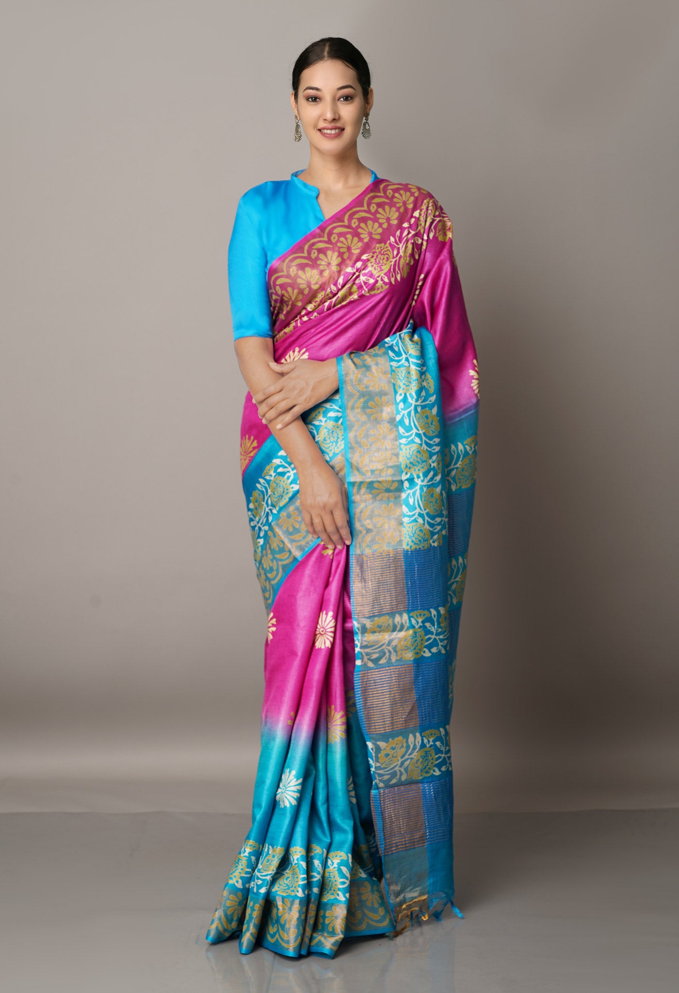 Pink-Blue Pure Handloom Bengal Tussar Silk Saree-UNM67122