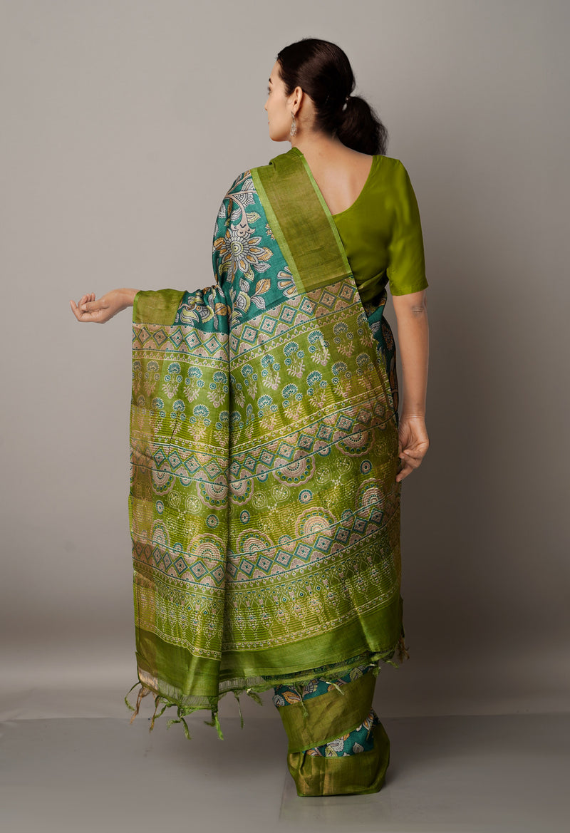 Green Pure Handloom Bengal Tussar Silk Saree-UNM67130