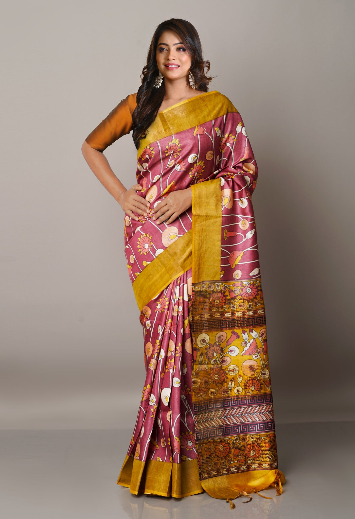 PinkMustard Yellow Pure Handloom Bengal Tussar Silk Saree-UNM67133