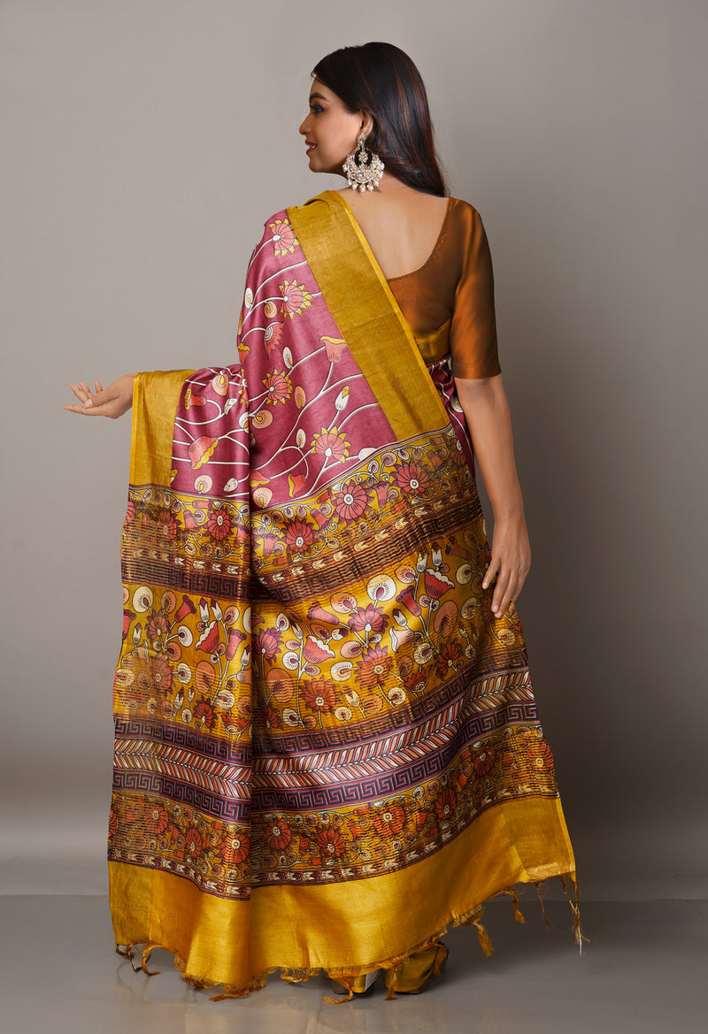 PinkMustard Yellow Pure Handloom Bengal Tussar Silk Saree-UNM67133