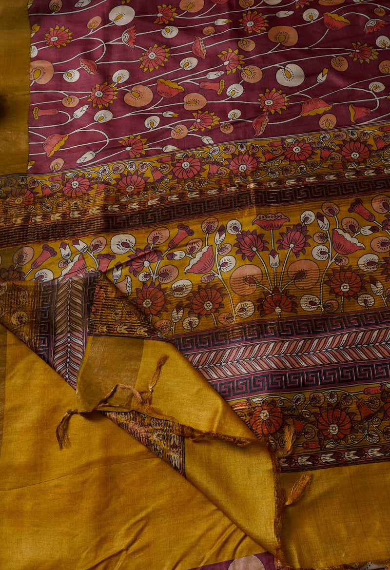 PinkMustard Yellow Pure Handloom Bengal Tussar Silk Saree-UNM67133