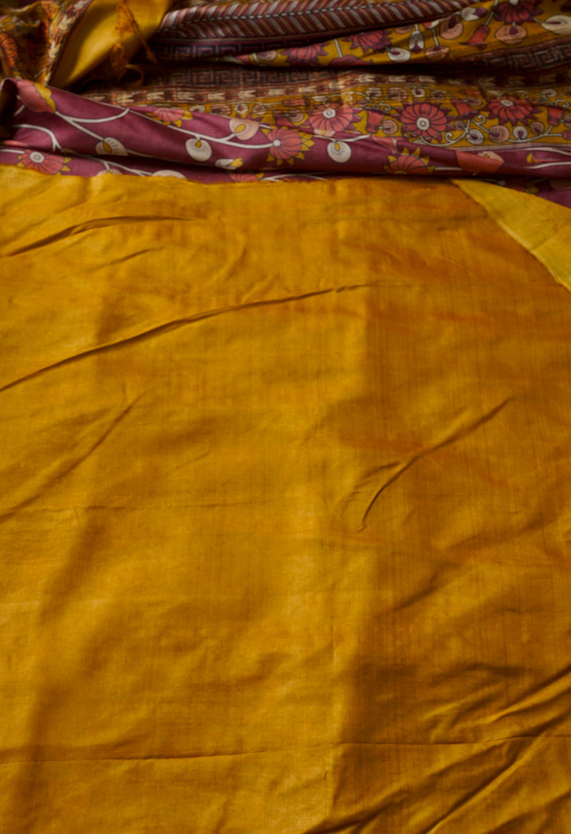 PinkMustard Yellow Pure Handloom Bengal Tussar Silk Saree-UNM67133