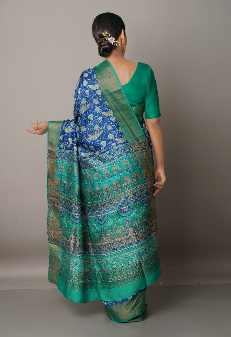 Blue-Green Pure Handloom Bengal Tussar Silk Saree-UNM67140
