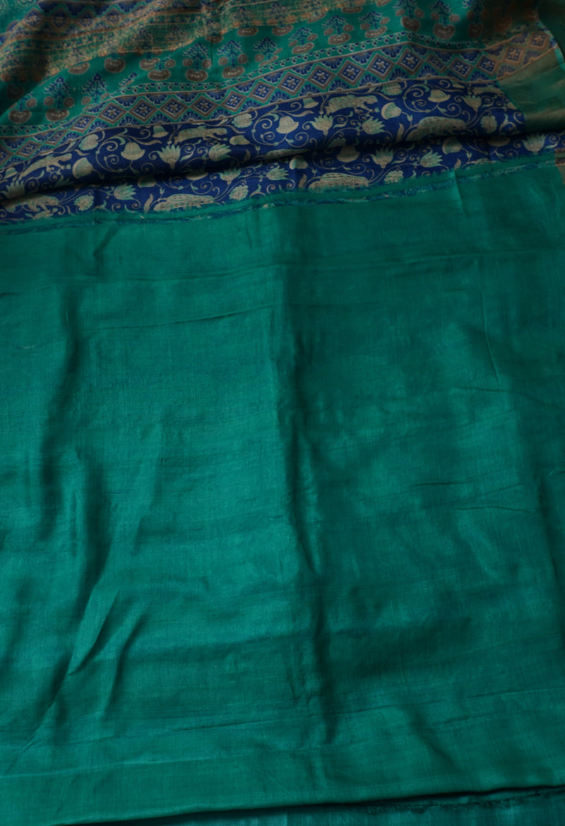 Blue-Green Pure Handloom Bengal Tussar Silk Saree-UNM67140