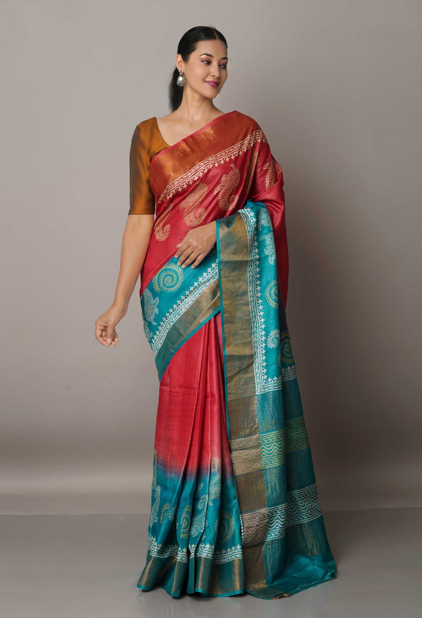 Red-Green Pure Handloom Bengal Tussar Silk Saree-UNM67157