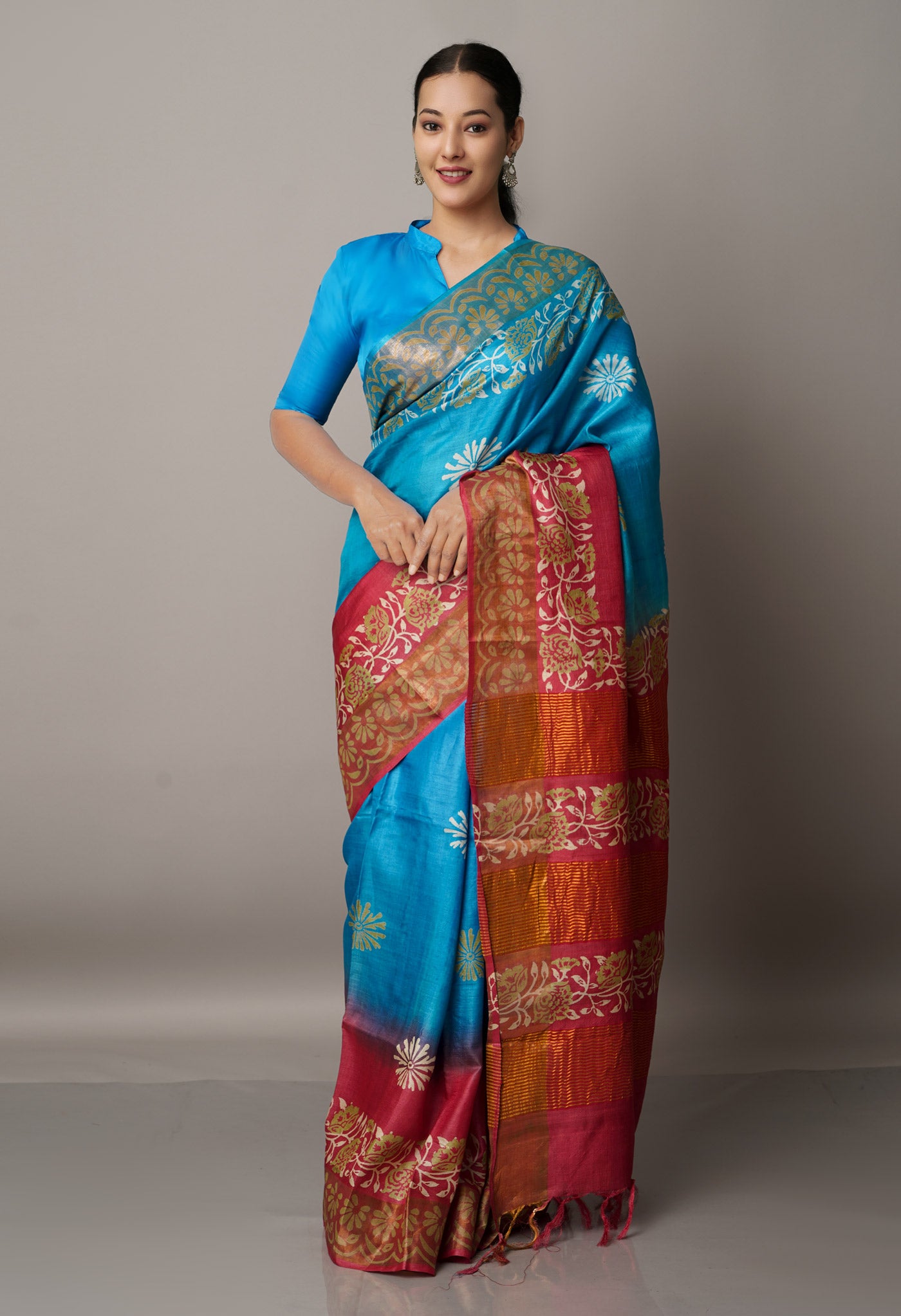 Blue-Red Pure Handloom Bengal Tussar Silk Saree-UNM67160