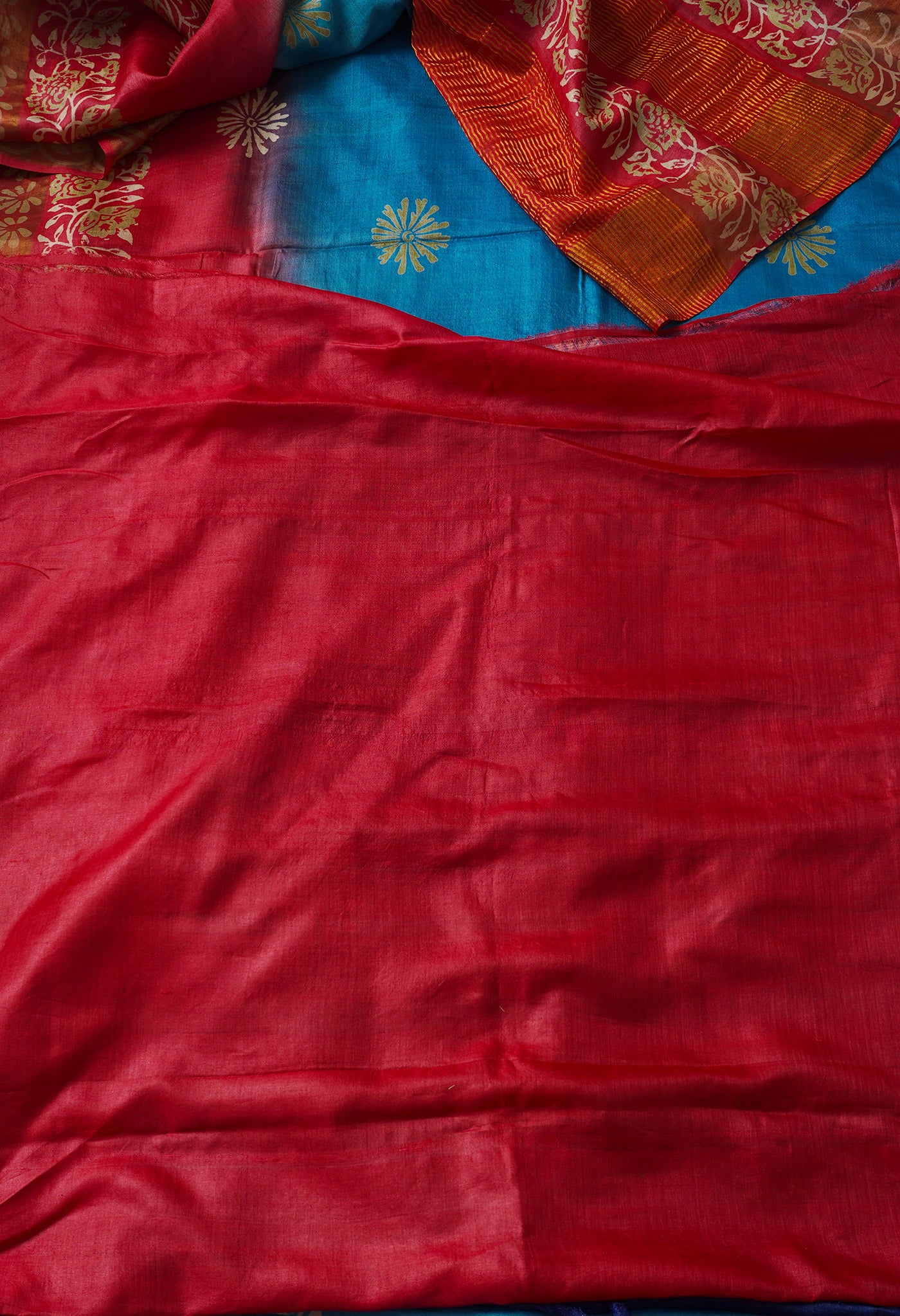 Blue-Red Pure Handloom Bengal Tussar Silk Saree-UNM67160