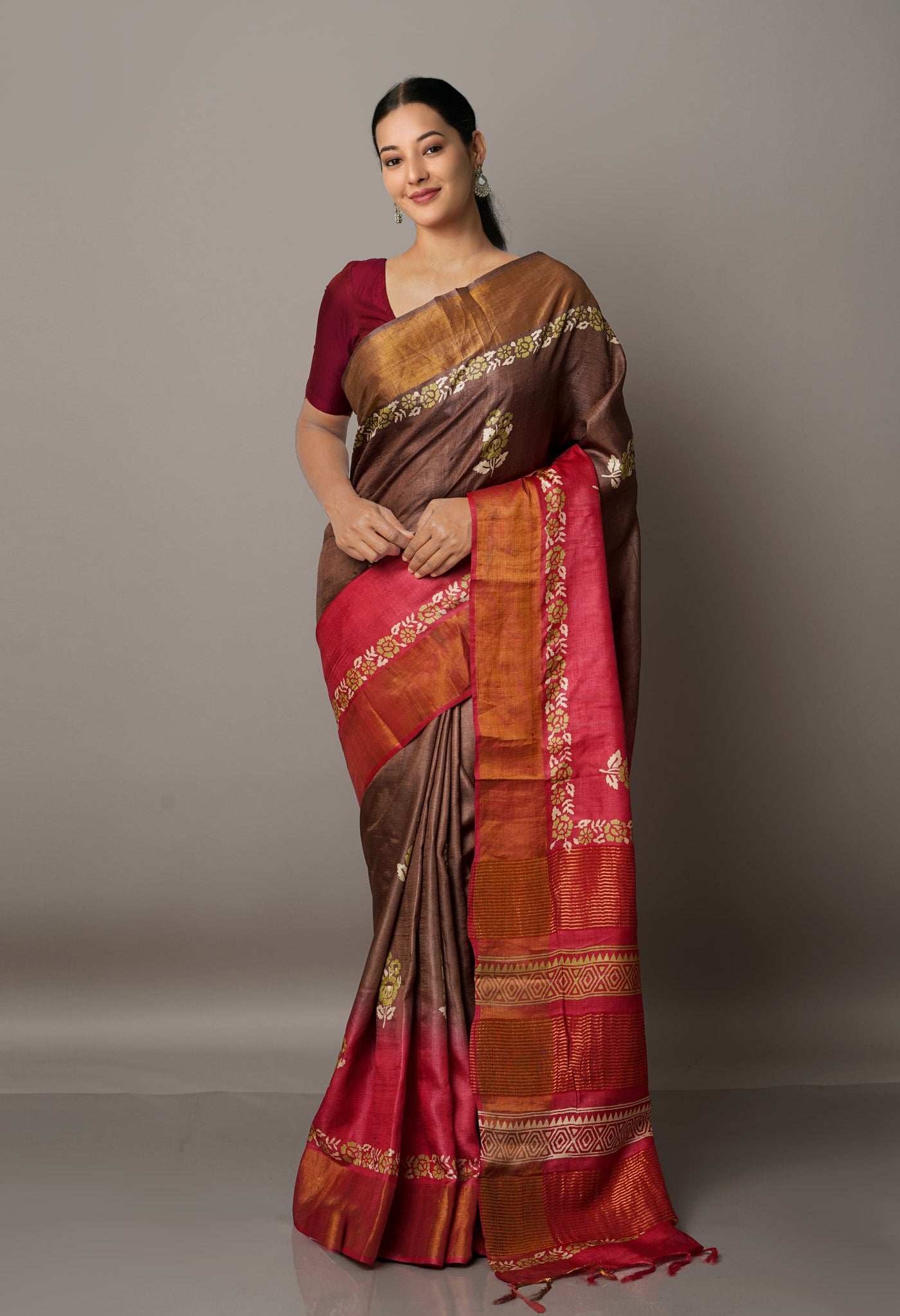 Brown-Red Pure Handloom Bengal Tussar Silk Saree-UNM67164