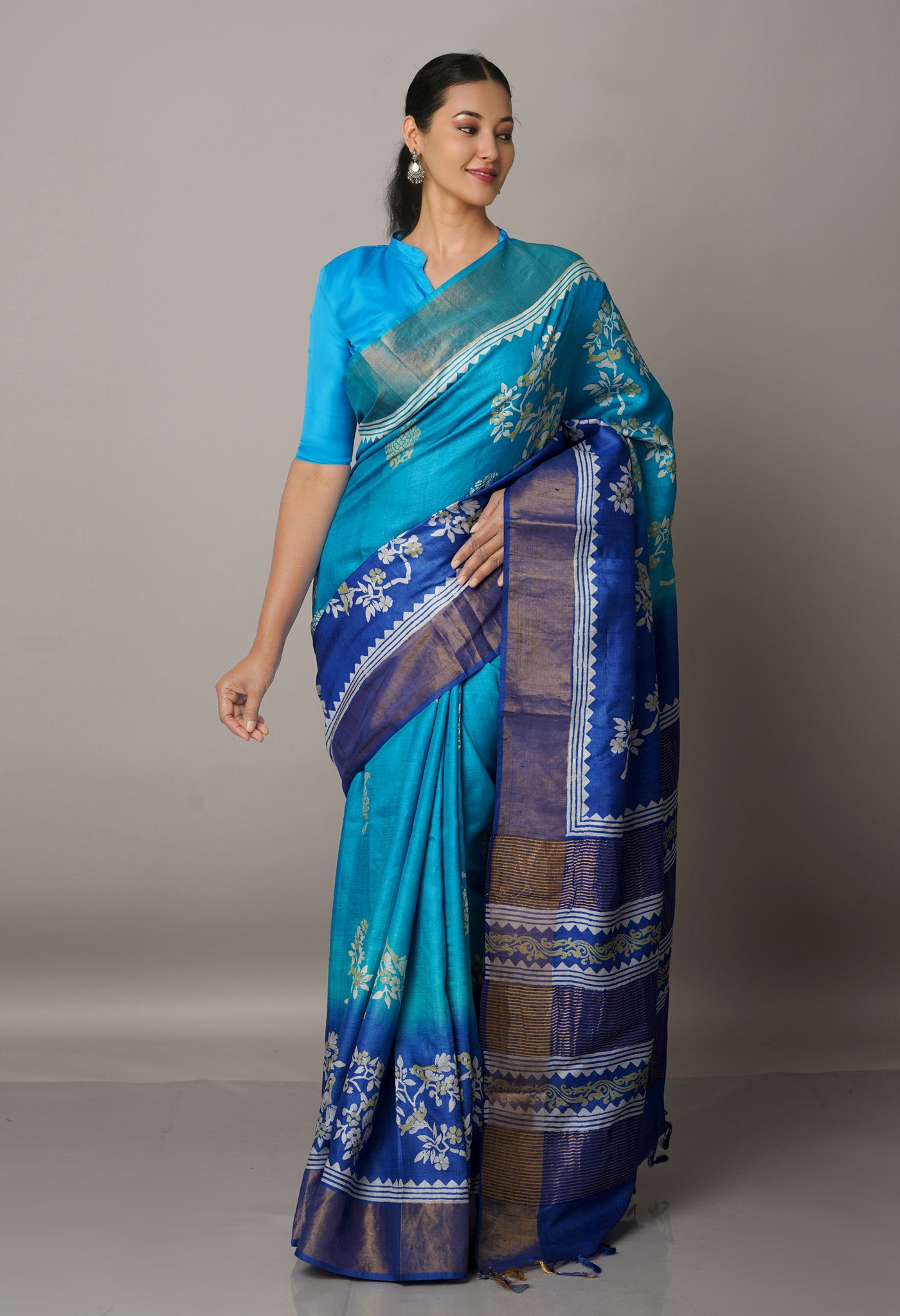 Blue Pure Handloom Bengal Tussar Silk Saree-UNM67166